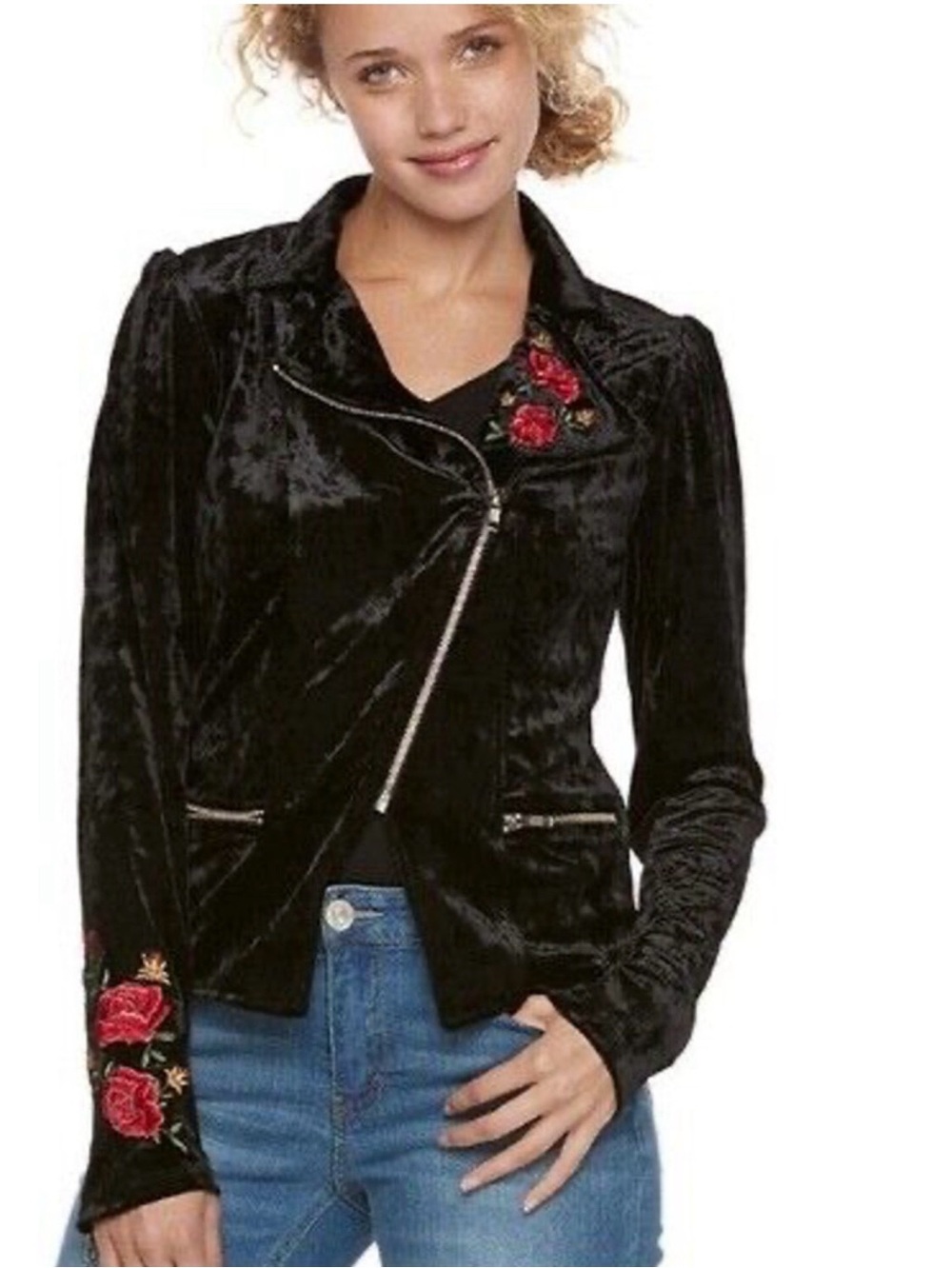 Disney Pixar Coco L black velvet moto embroidered Day of the Dead jacket